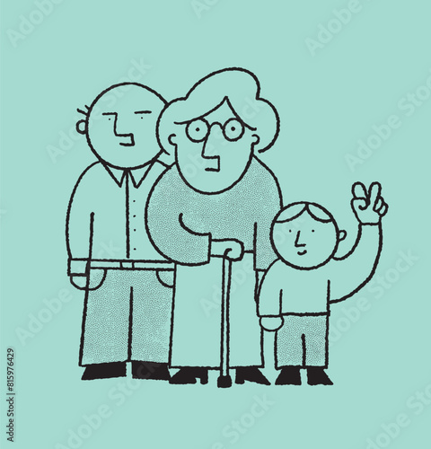 An illustration of elderly couple lovingly caring for their young grandchild, embodying warmth, wisdom, and familial bond.