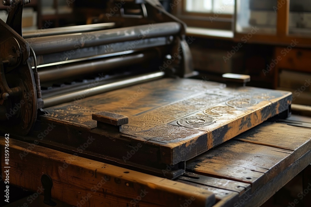 Close-up of an antique printing press with intricate details in a traditional printmaking studio Close-up of an antique printing press with intricate details in a traditional printmaking studio