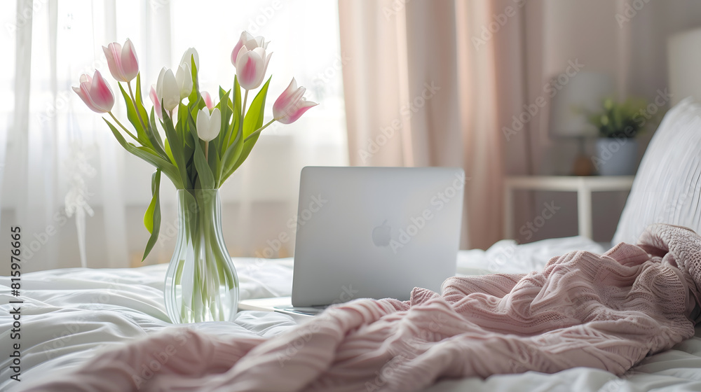 Comfortable bed with modern laptop vase with tulips and Easter decor on table in bedroom interior : Generative AI Comfortable bed with modern laptop vase with tulips and Easter decor on table in bedroom interior : Generative AI