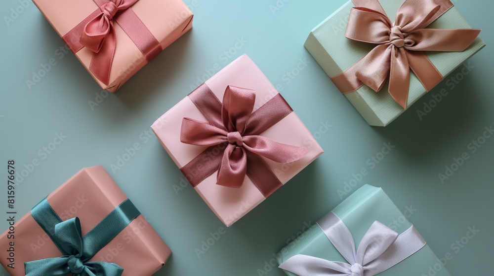 Gift boxes with ribbon neatly arrange on light background camera shot from above aerial view Gift boxes with ribbon neatly arrange on light background camera shot from above aerial view