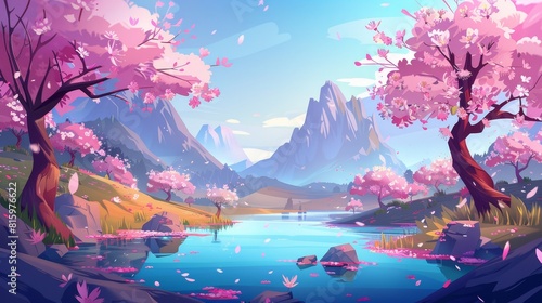 Nature landscape of a lake surrounded by sakura or cherry blossom trees and mountains. Cartoon modern forest with flowers and daisies  pond and rocky hills.