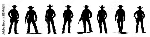 Set Cowboy stands in silhouette a vintage design. vector illustration isolated on a white background. Cowboy in various action, cowboys walking vector