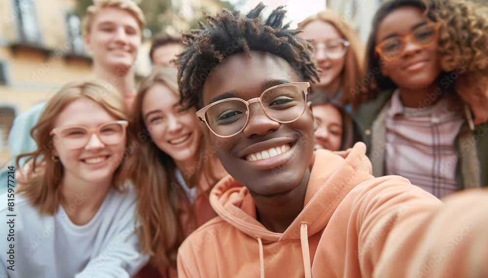 Group of cheerful young friends taking selfie together outdoors on old city streets.They are diverse and smiling, wearing trendy casual clothing and glasses. The image radiates joy and friendship