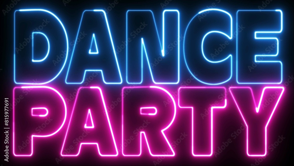 Dance Party text font with neon light. Luminous and shimmering haze inside the letters of the text Dance Party. Dance Party Neon Sign. Dance Party text font with neon light. Luminous and shimmering haze inside the letters of the text Dance Party. Dance Party Neon Sign.