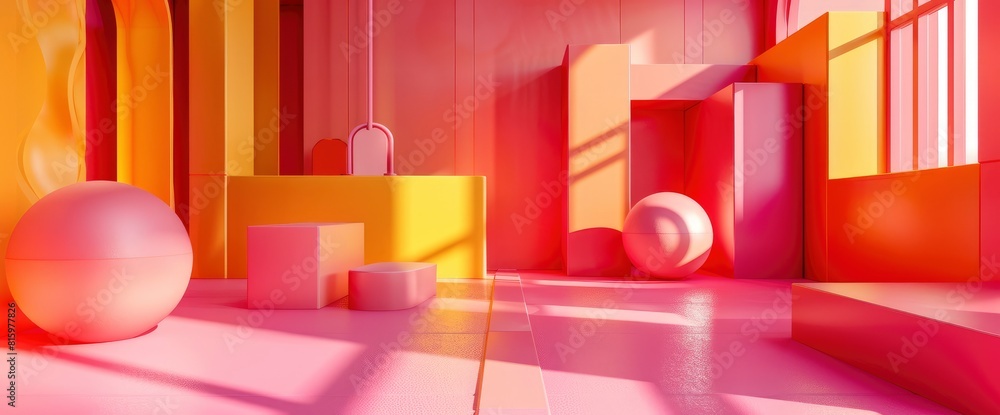 A Pink Empty Room With Geometric Shapes, Stands, And Empty Walls In A Realistic 3D Render Evokes A Sense Of Modernity And Playfulness, 3D Rendering A Pink Empty Room With Geometric Shapes, Stands, And Empty Walls In A Realistic 3D Render Evokes A Sense Of Modernity And Playfulness, 3D Rendering