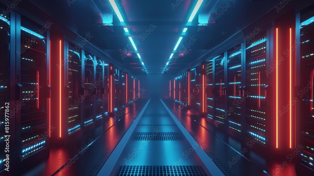 Fototapeta premium futuristic data center glowing server racks in darkened room complex technology visualization concept