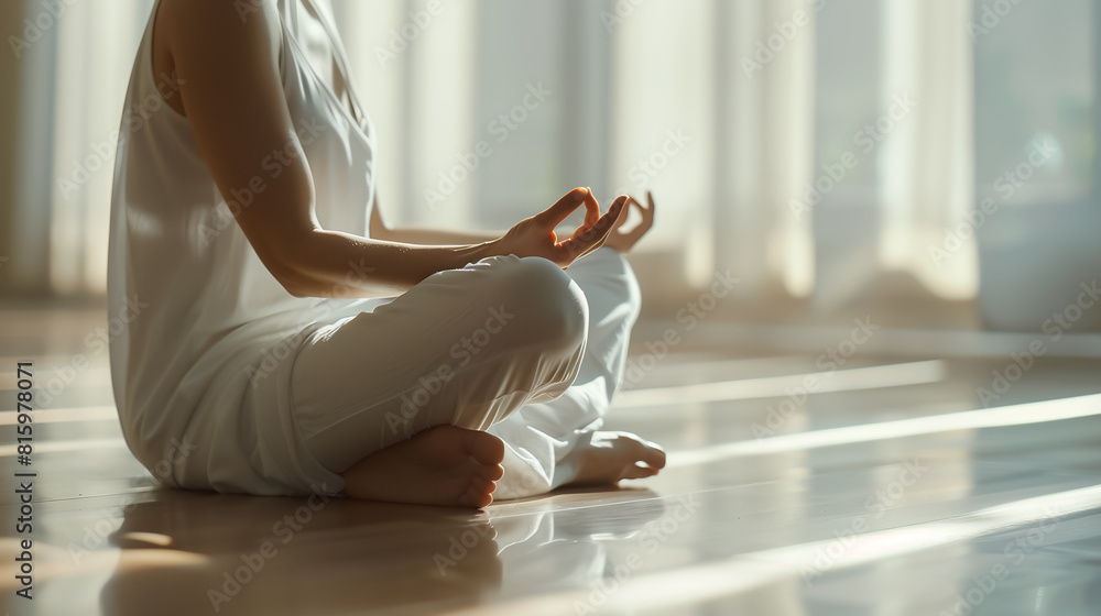 Close-up photo of yoga adept's graceful palm while she meditates in light hall alone doing breathing exercises. Active people, Oriental practices in common life relaxing or mental health concept image Close-up photo of yoga adept's graceful palm while she meditates in light hall alone doing breathing exercises. Active people, Oriental practices in common life relaxing or mental health concept image