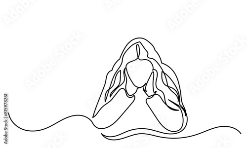 Single Continuous line drawing of Depressed teenager Sad young girl.Bad mood, Unhappy Girl, sorrow, melancholy, negative emotions concept. Girl Crying  Worried people concept