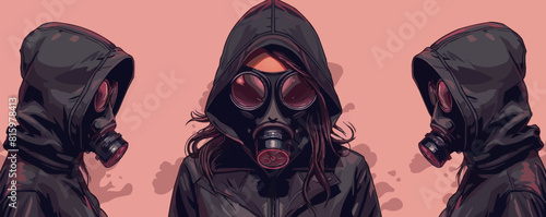 Fashion cyberpunk girl in leather hoodie jacket wears gas mask with protective glasses. vector simple illustration