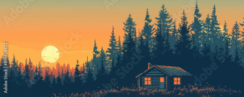 Wooden cabin in pine forest. vector simple illustration