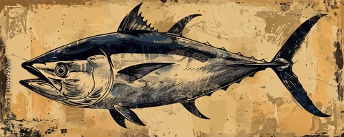 Bluefin Tuna - Hand drawn illustration of a Bluefin tuna in a vintage woodcut styl