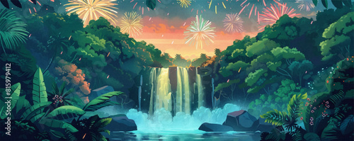 Ruined stone ruins engulfed by greenery, under the light of the setting sun. Vector flat minimalist isolated illustration.