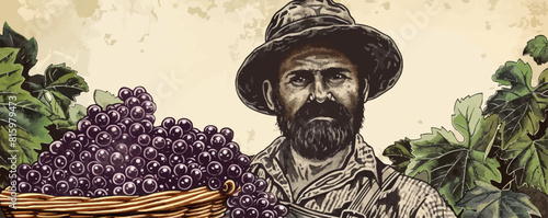 Farmer with a basket of grapes drawn in vintage engraving style. Viticulture, vineyard sketch. vector simple illustration