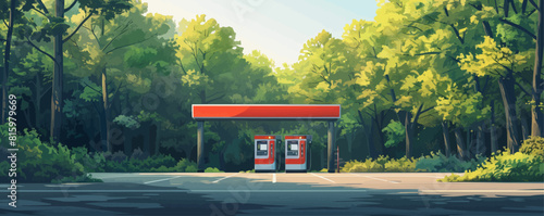 Electric filling station in the forest among green trees. vector simple illustration