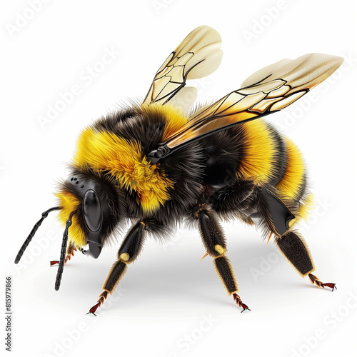 A yellow and black bee is standing on a white background. The bee is looking down at the ground