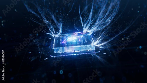 Appearing of Futuristic High Performance AI Accelerated Computer Chip. Creation and Activation of Advanced Microchip. GPU for Artificial Intelligence Computing on Dark Background photo