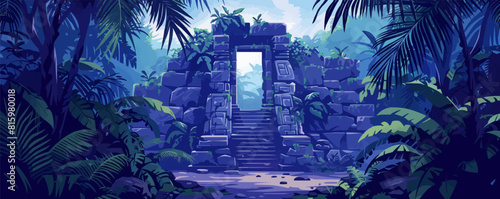 A mystical ancient ruin surrounded by dense jungle foliage, hinting at lost civilizations and hidden treasures. Vector flat