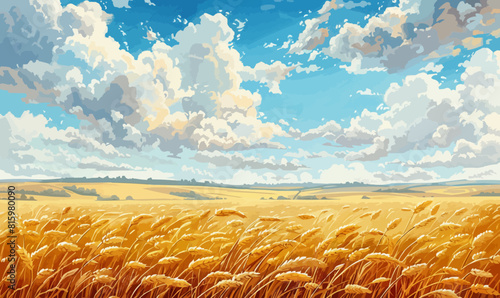 Fields with golden ears under a cloudy sky. Vector illustratio photo