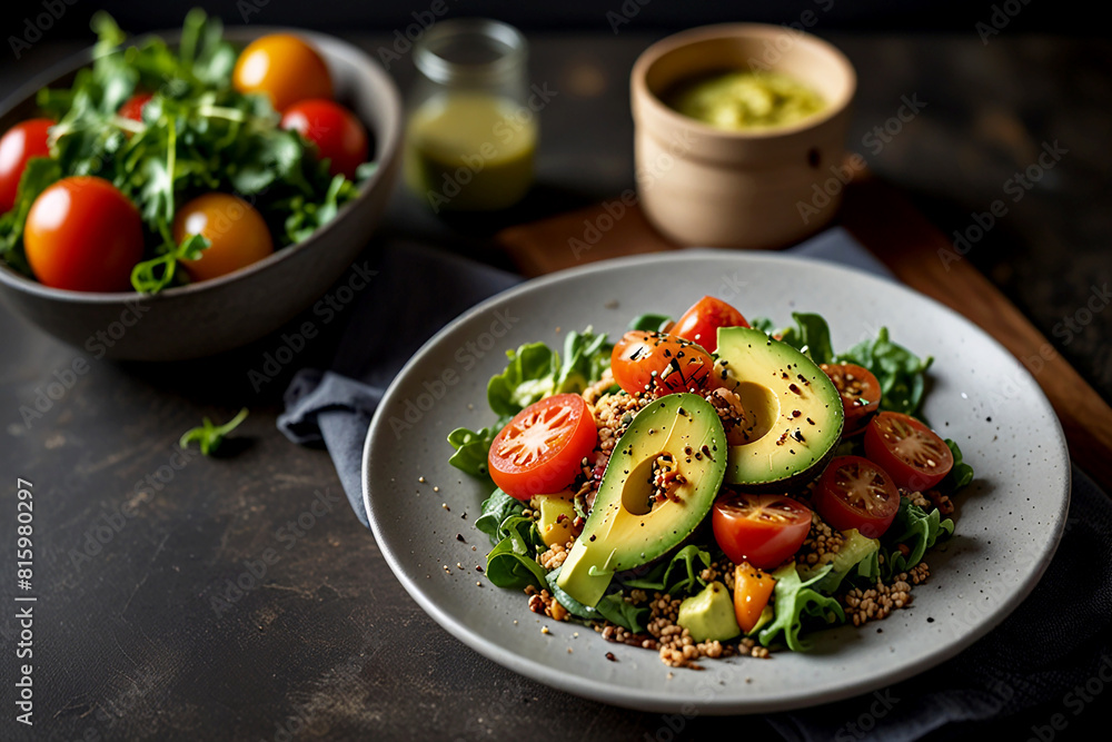 Showcasing a beautifully arranged avocado salad in a stylish, modern dining setting, with vibrant colors and textures of mixed greens, sliced avocado, heirloom tomatoes, quinoa, and a drizzle of balsa Showcasing a beautifully arranged avocado salad in a stylish, modern dining setting, with vibrant colors and textures of mixed greens, sliced avocado, heirloom tomatoes, quinoa, and a drizzle of balsa