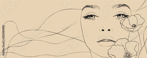 Woman face line drawing. Vector abstract line with flower and leaf. vector simple