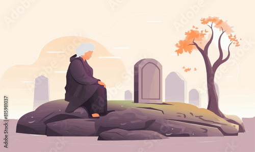 old woman near tomstone grave vector flat isolated illustration -