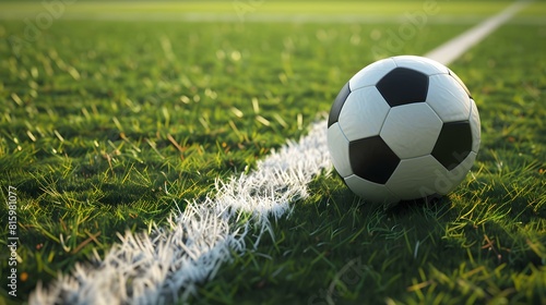 Close up of a black and white Soccer Ball next to a white Line on a green Pitch. Football Background