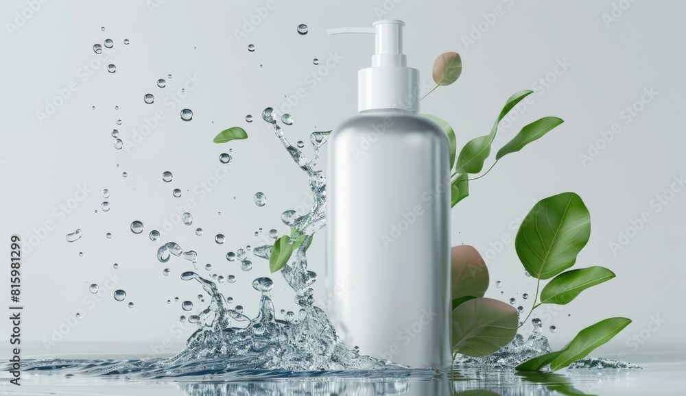 White plastic bottle with a cap, surrounded by swirling water and leaves on the left side of it is light blue White plastic bottle with a cap, surrounded by swirling water and leaves on the left side of it is light blue