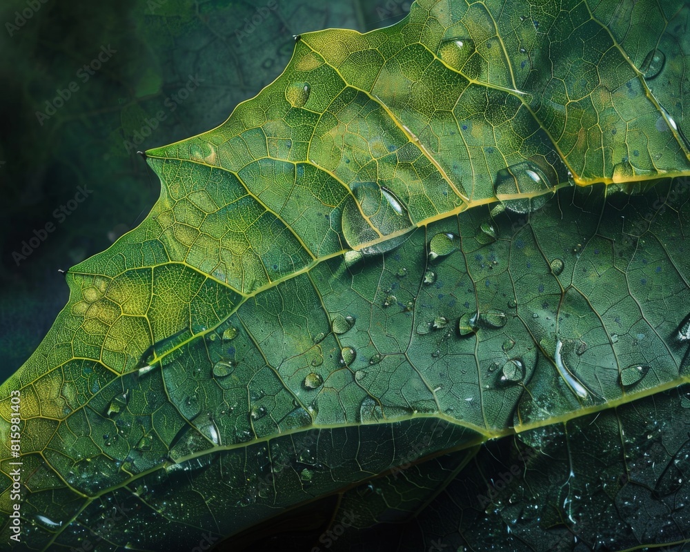 Fototapeta premium Green leaf with raindrops up close.