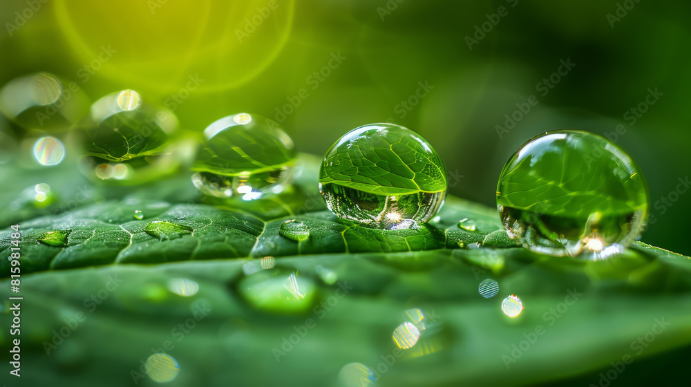 Macro photography of water droplets on a vibrant green leaf reflecting sunlight Macro photography of water droplets on a vibrant green leaf reflecting sunlight