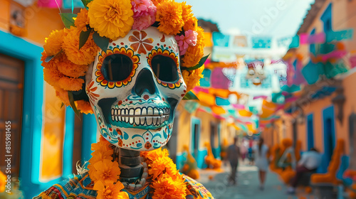 Vibrant Mexican Day of the Dead with Ornate Calavera Skull Masks Marigold Flower Wreaths and photo