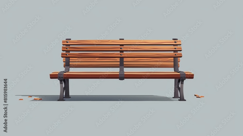 Realistic modern illustration of a wood park bench with light brown wood texture. Outdoor seating made of deck planks.