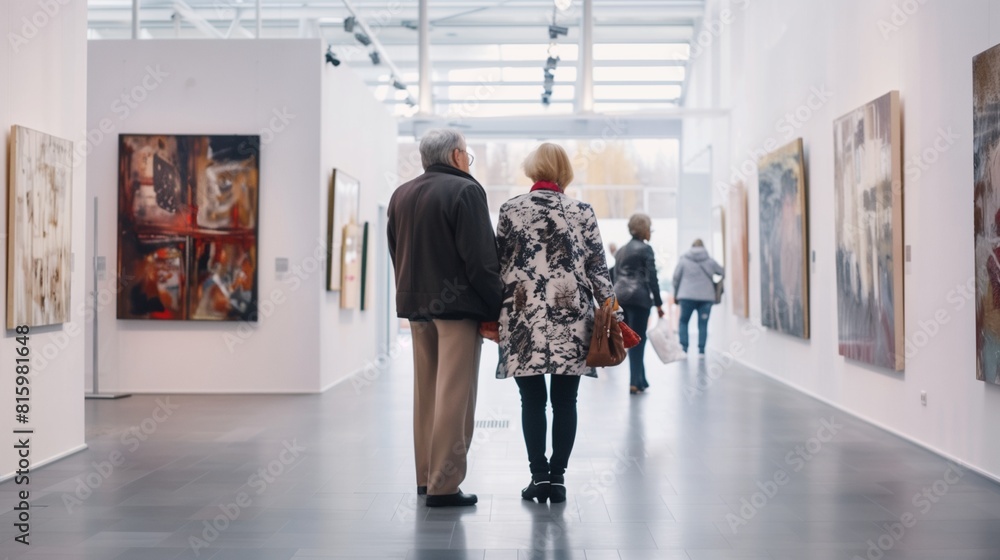 Fototapeta premium Art Gallery Visit, Elderly couple exploring a contemporary art gallery, Cultural leisure activity
