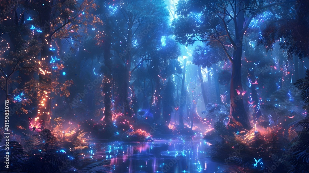 Fototapeta premium Enchanted Bioluminescent Forest with Mythical Creatures in a Fantastical Dreamscape Landscape