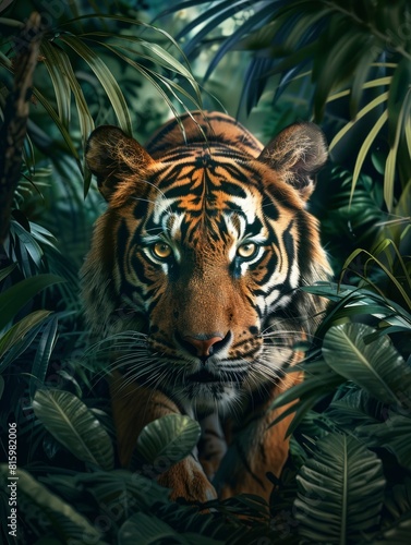 A majestic tiger, its eyes glowing with an intense focus as it slides through the dense foliage of a jungle.