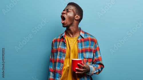 A Man Yawning with Coffee