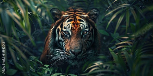 A majestic tiger  its eyes glowing with an intense focus as it slides through the dense foliage of a jungle.