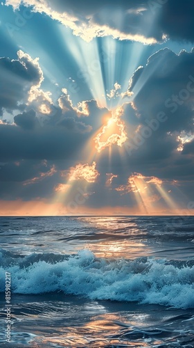 Dramatic Crepuscular Rays Illuminating Stormy Ocean Seascape at Sunset or Sunrise