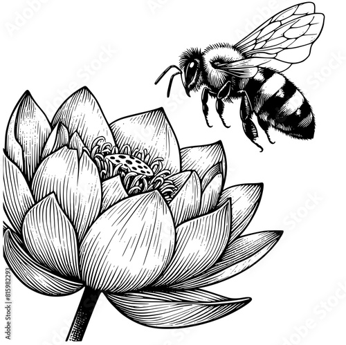 vesak day, sketch of bee and lotus flower, bee on flower, beautiful close up bee, honey bee on a flower, isolated on white, editable stroke.
