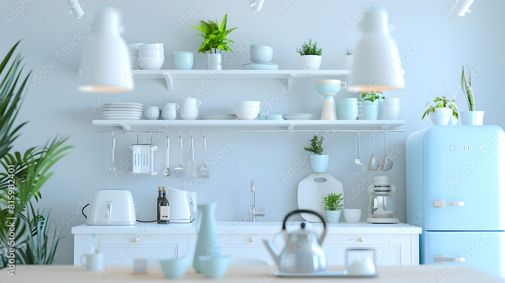 Bright accessories and modern style of kitchen interior White furniture with utensils colored cups and kettle shelves with dishes and plants in a pots refrigerator in dining room empty : Generative AI Bright accessories and modern style of kitchen interior White furniture with utensils colored cups and kettle shelves with dishes and plants in a pots refrigerator in dining room empty : Generative AI