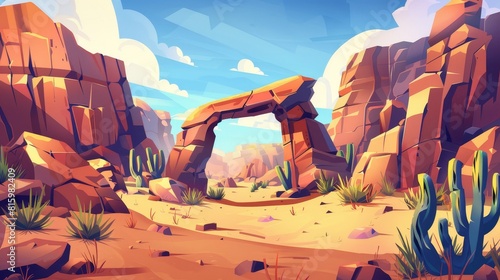 An illustration of a desert landscape with canyon rock cartoon. Western scene with a wild stone arch in the valley of a dirt deep Arizona National Park. Rocky cliffs and boulders as scenery for a