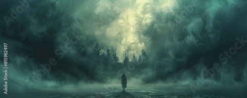 Solitary Figure Venturing into Ominous Forested Landscape Shrouded in Dark Clouds and Looming Atmosphere