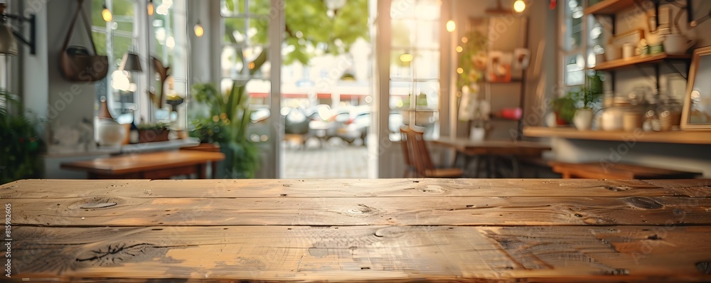 Rustic pine table in cozy coffee shop with soft focus background providing copy space for design description This image showcases a sturdy natural Rustic pine table in cozy coffee shop with soft focus background providing copy space for design description This image showcases a sturdy natural