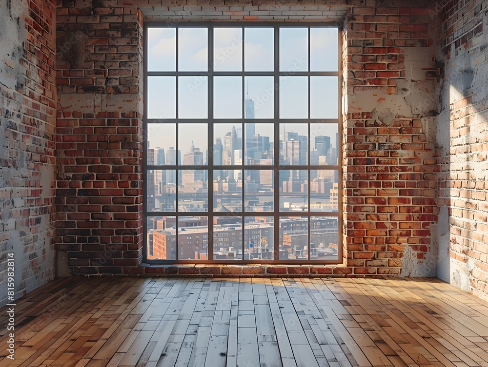 custom made wallpaper toronto digitalSpacious loft apartment with panoramic cityscape view through large window empty interior with brick walls and hardwood flooring ideal for home decor