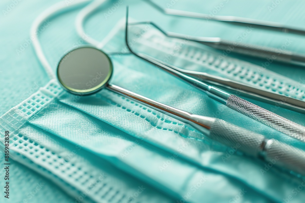 Tooth and dental instruments on blue background. Dental treatment. Dentist tools mirror, hook, tweezers, syringe. Copy space for text. Closeup different metal dental equipment and tools. Dentistry Tooth and dental instruments on blue background. Dental treatment. Dentist tools mirror, hook, tweezers, syringe. Copy space for text. Closeup different metal dental equipment and tools. Dentistry