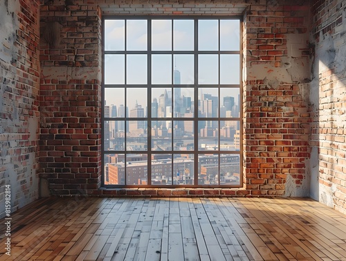 Wallpaper Mural Spacious loft apartment with panoramic cityscape view through large window empty interior with brick walls and hardwood flooring ideal for home decor Torontodigital.ca