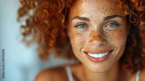 portrait of a beautiful European curly young woman 25-29 years old with freckles on her face smiling looking at the camera © Photolife  