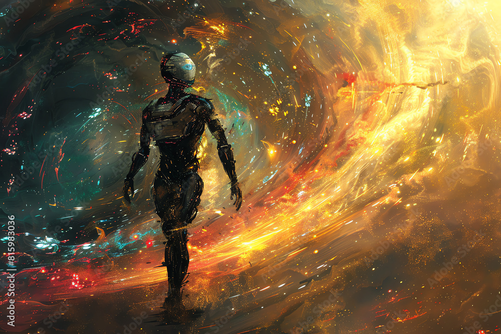 Craft a scene where a robotic figure moves stealthily amid a field of swirling colors Craft a scene where a robotic figure moves stealthily amid a field of swirling colors