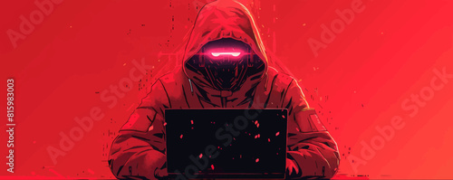 acker with hidden face, working on laptop cyberpunk. vector simple illustration