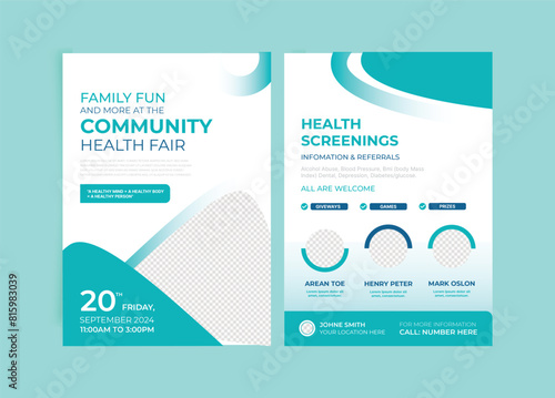 Community health Fair double-sided flyer design. Suitable for medical health and healthcare live webinar square Flyer. Instagram stories collection template design. EPS vector illustration.