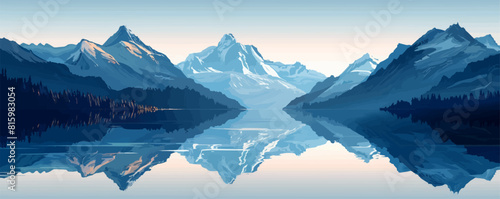 A serene mountain lake nestled between rugged peaks, reflecting the surrounding snow-capped mountains. Vector flat minimalistic isolated